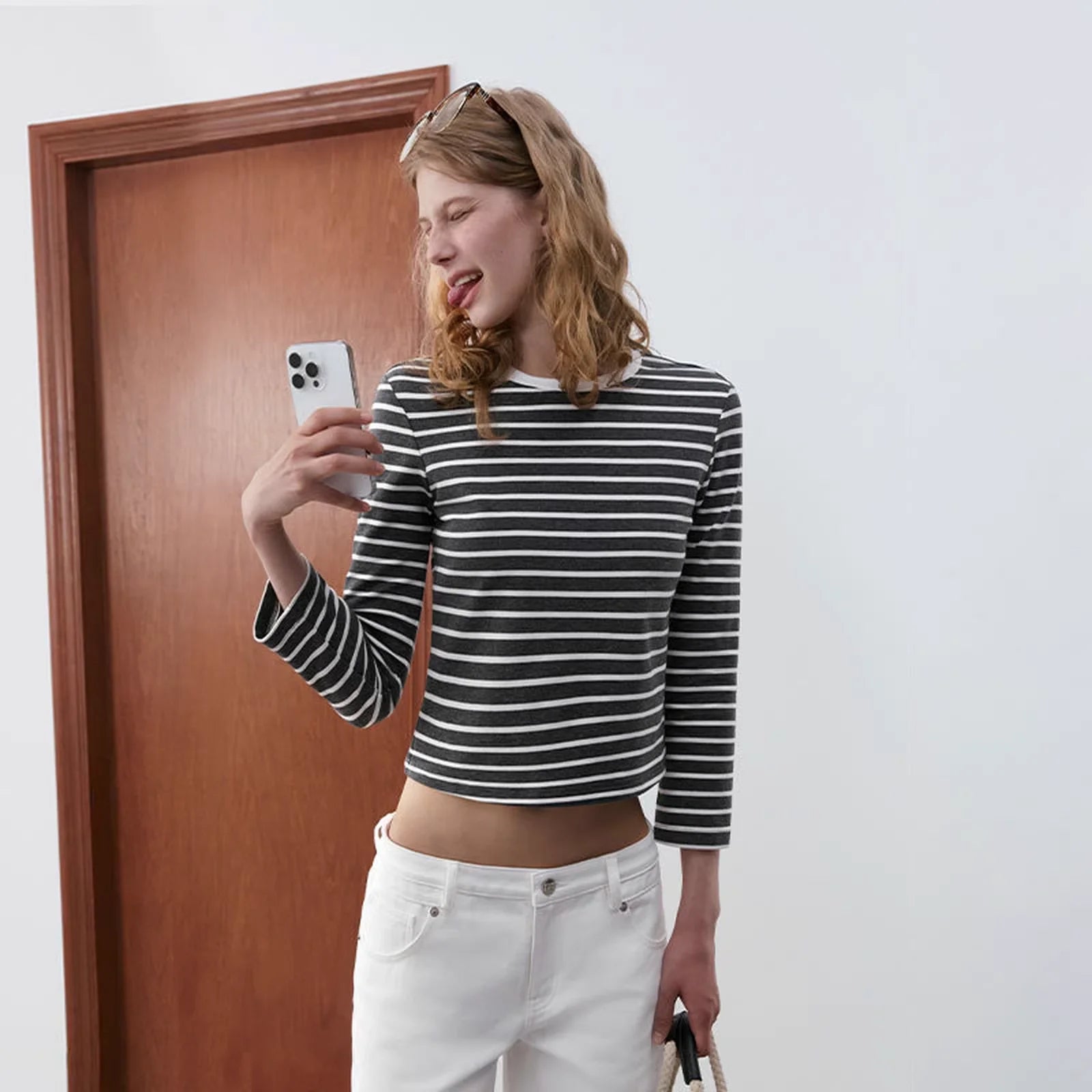 PUKI Slim Fit Striped Long Sleeve Crop Top for Women