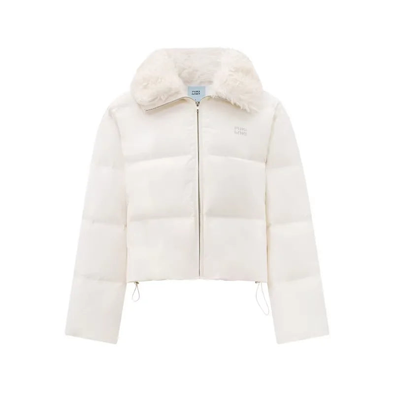 PUKI White Duck Down Short Puffer Jacket with Detachable Fur Collar