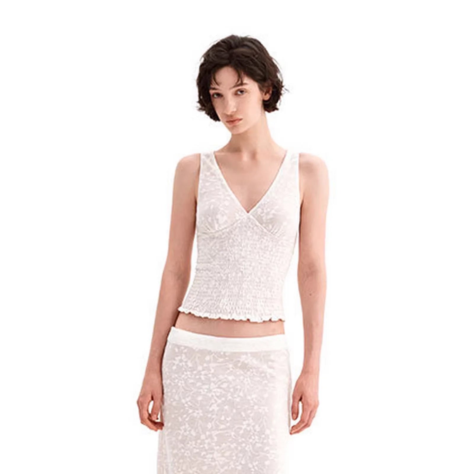 PUKI Textured Jacquard V-Neck Tank Top and Sheer Midi Skirt Set