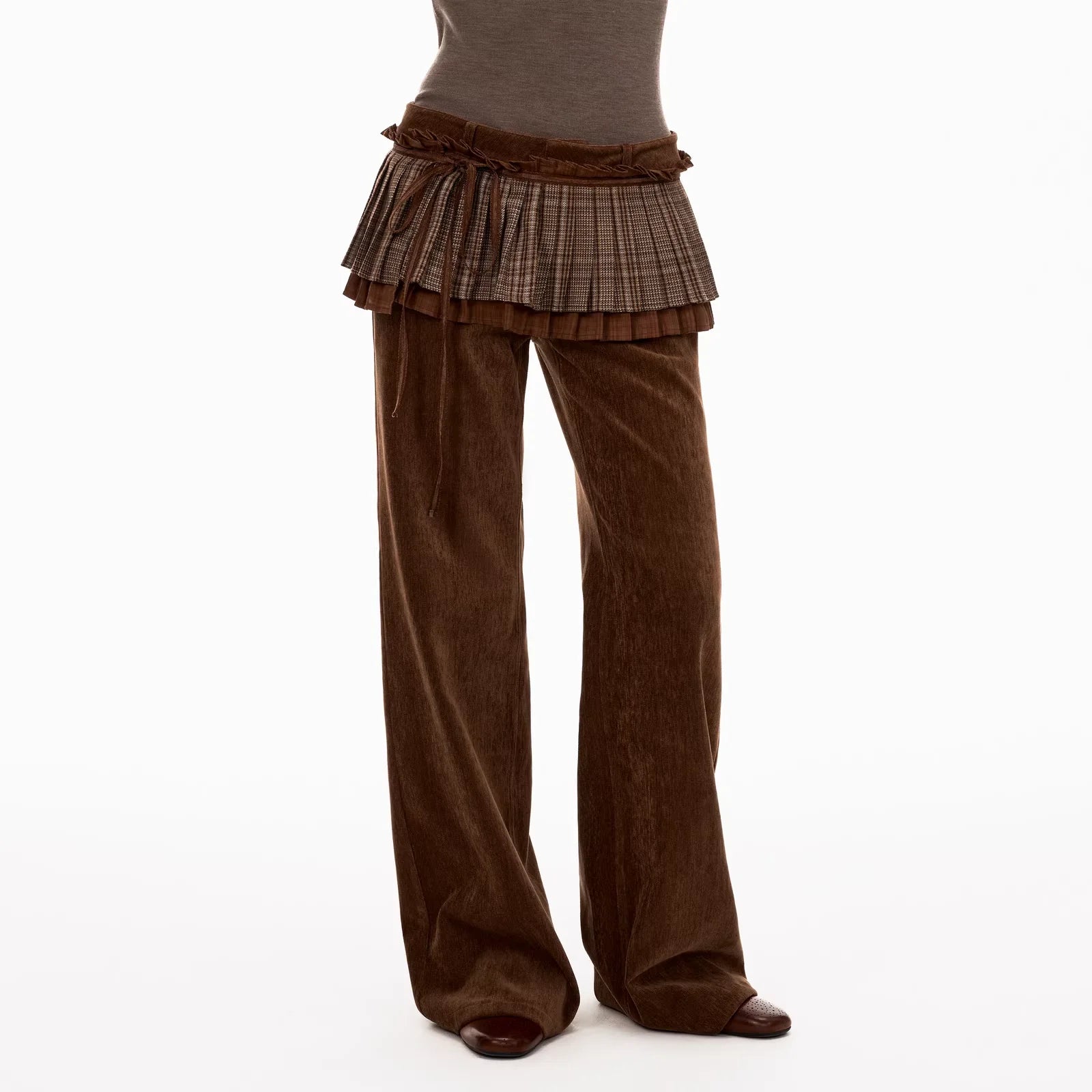 PUKI Detachable Two-Way Skirted Plaid Pleated Pants