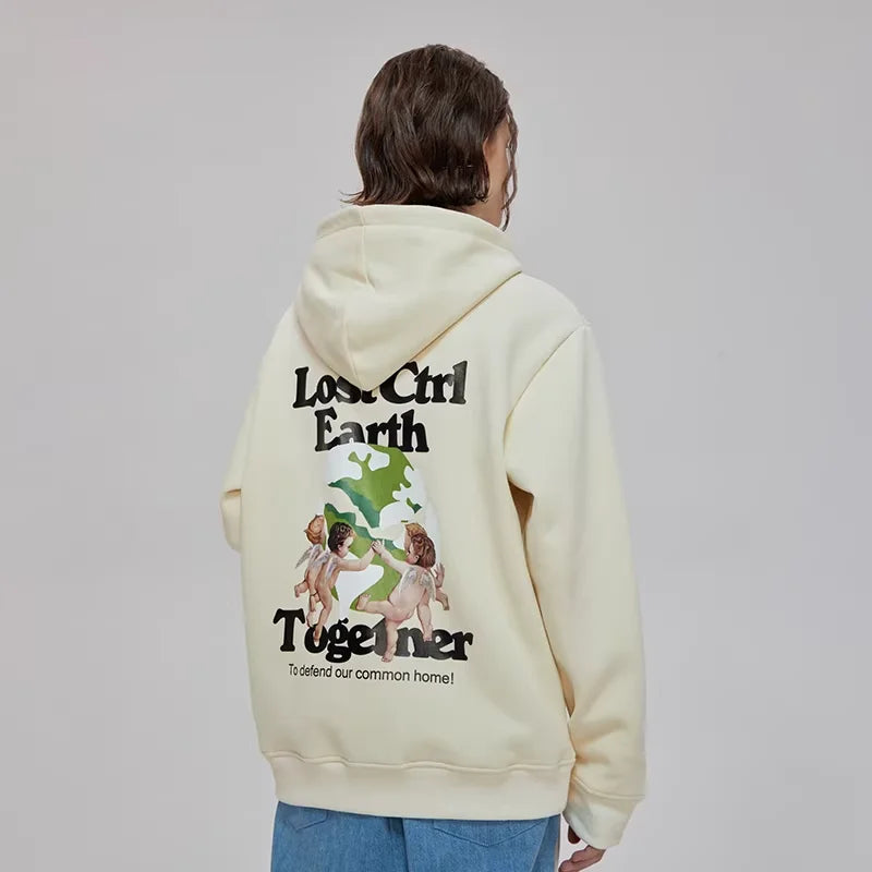 LOSTCTRL Oversized Fleece-Lined Hoodie with Angel Print – Unisex Autumn Winter Outerwear