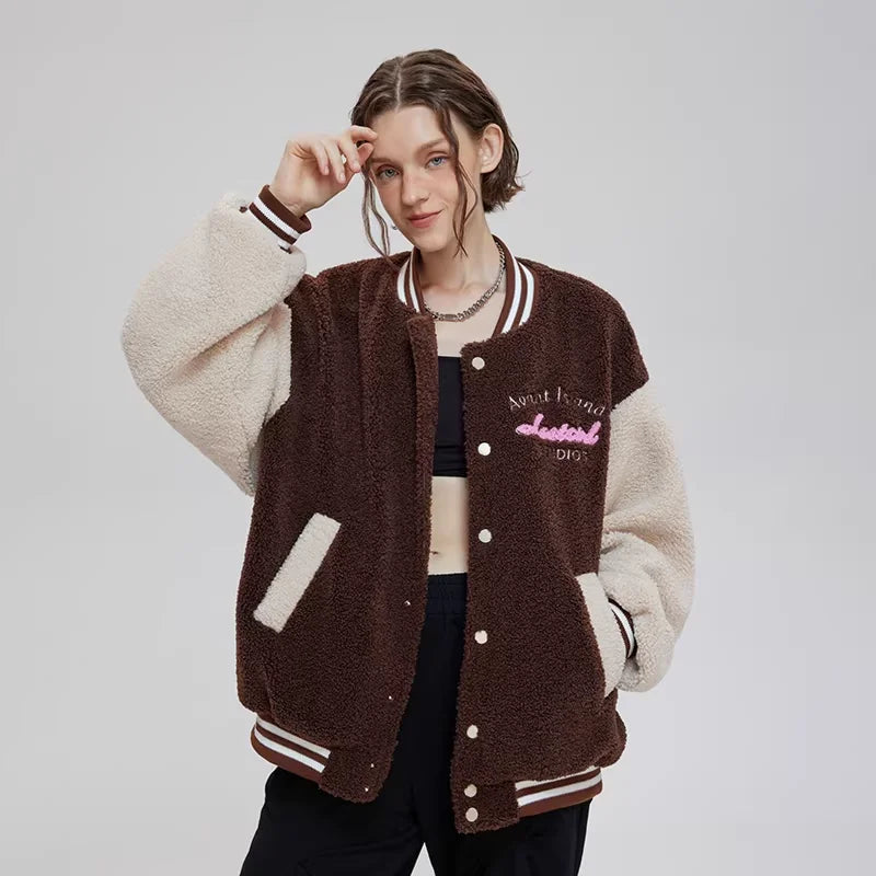 LOSTCTRL Embroidered Patchwork Sherpa Varsity Jacket