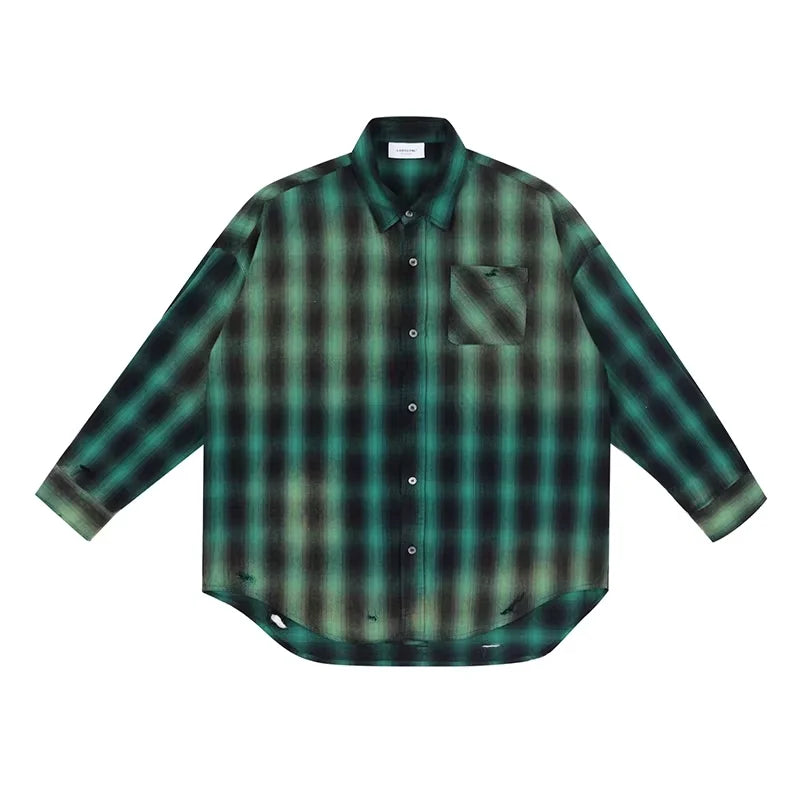 LOSTCTRL Men's Vintage Washed Plaid Flannel Shirt - Long Sleeve Casual Fit