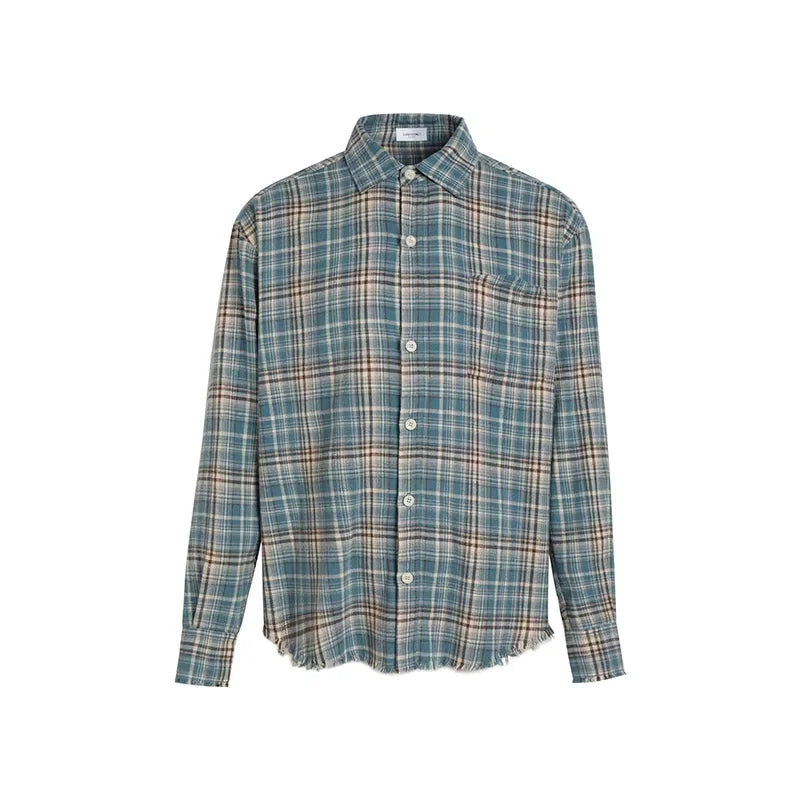 LOSTCTRL Unisex Plaid Flannel Shirt with Striped Detailing