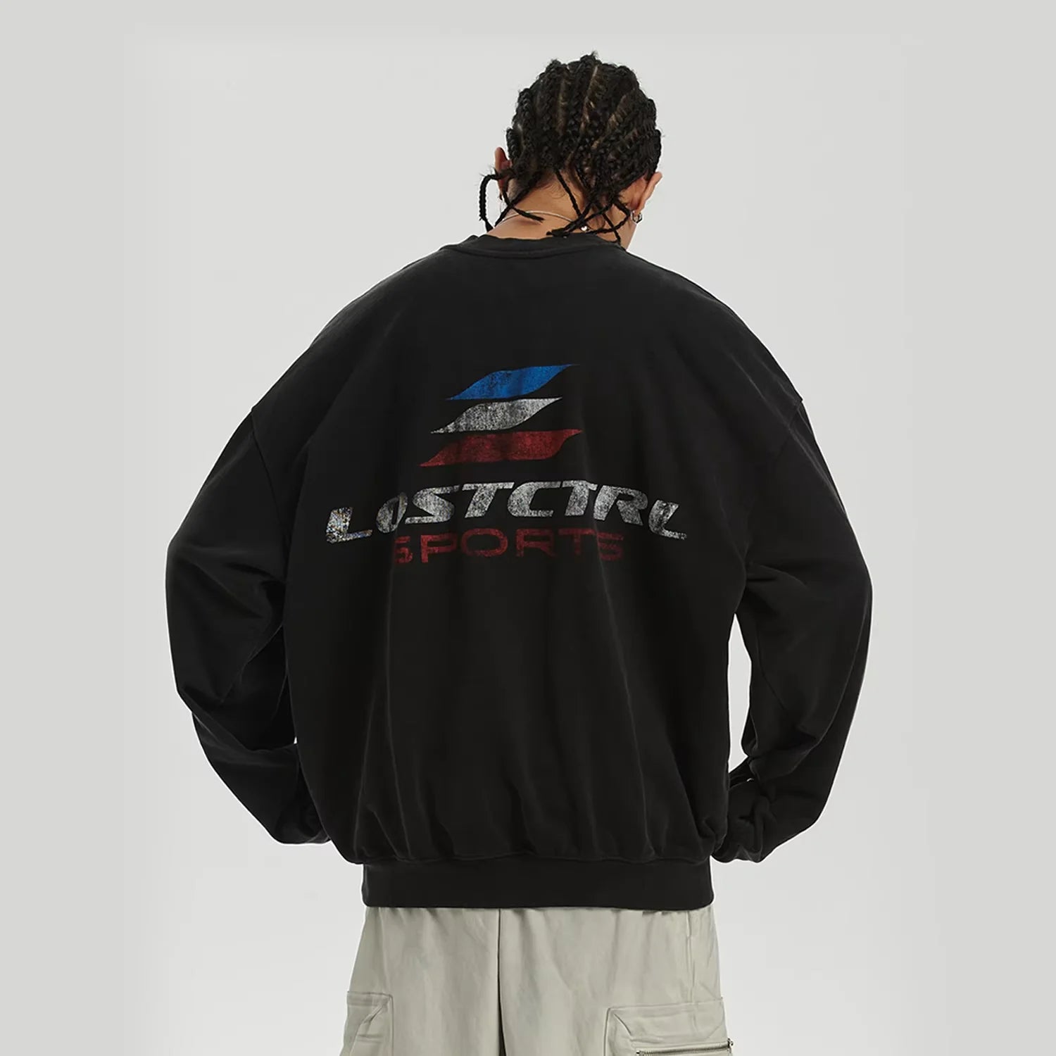 LOSTCTRL Vintage Distressed Graphic Pullover Sweatshirt