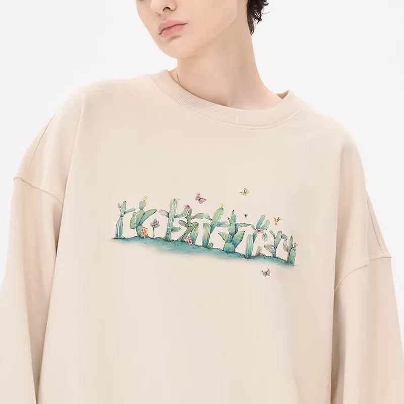 LOSTCTRL Men's Loose Fit Cactus Print Crewneck Sweatshirt