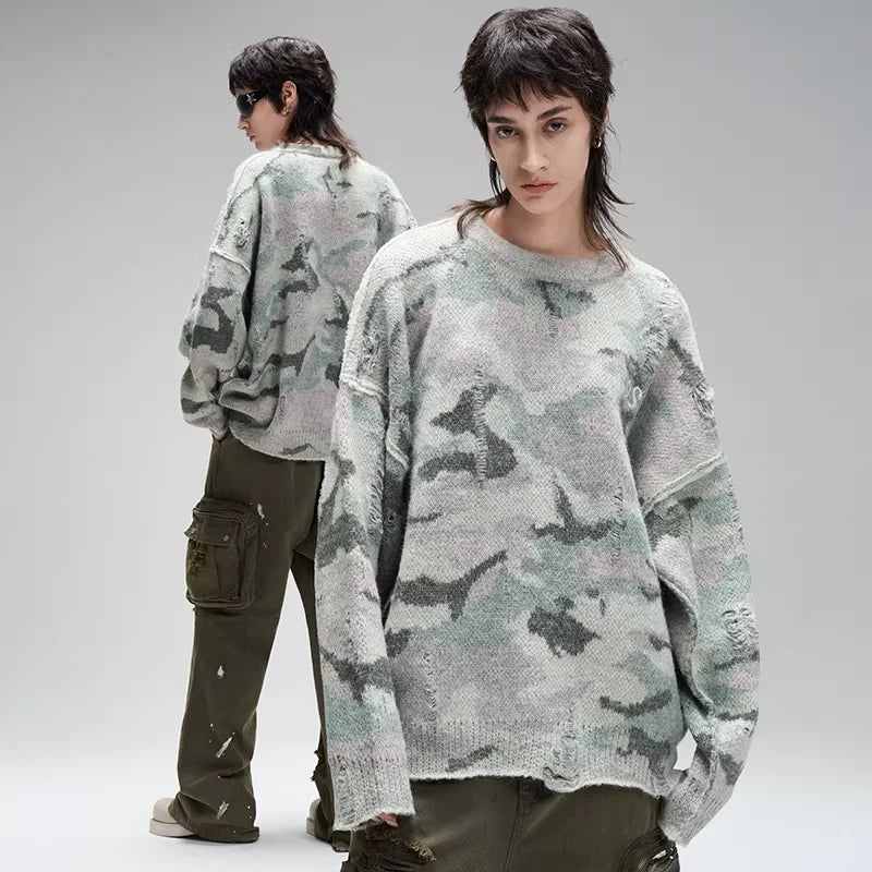 LOSTCTRL Unisex Distressed Camouflage Knit Sweater