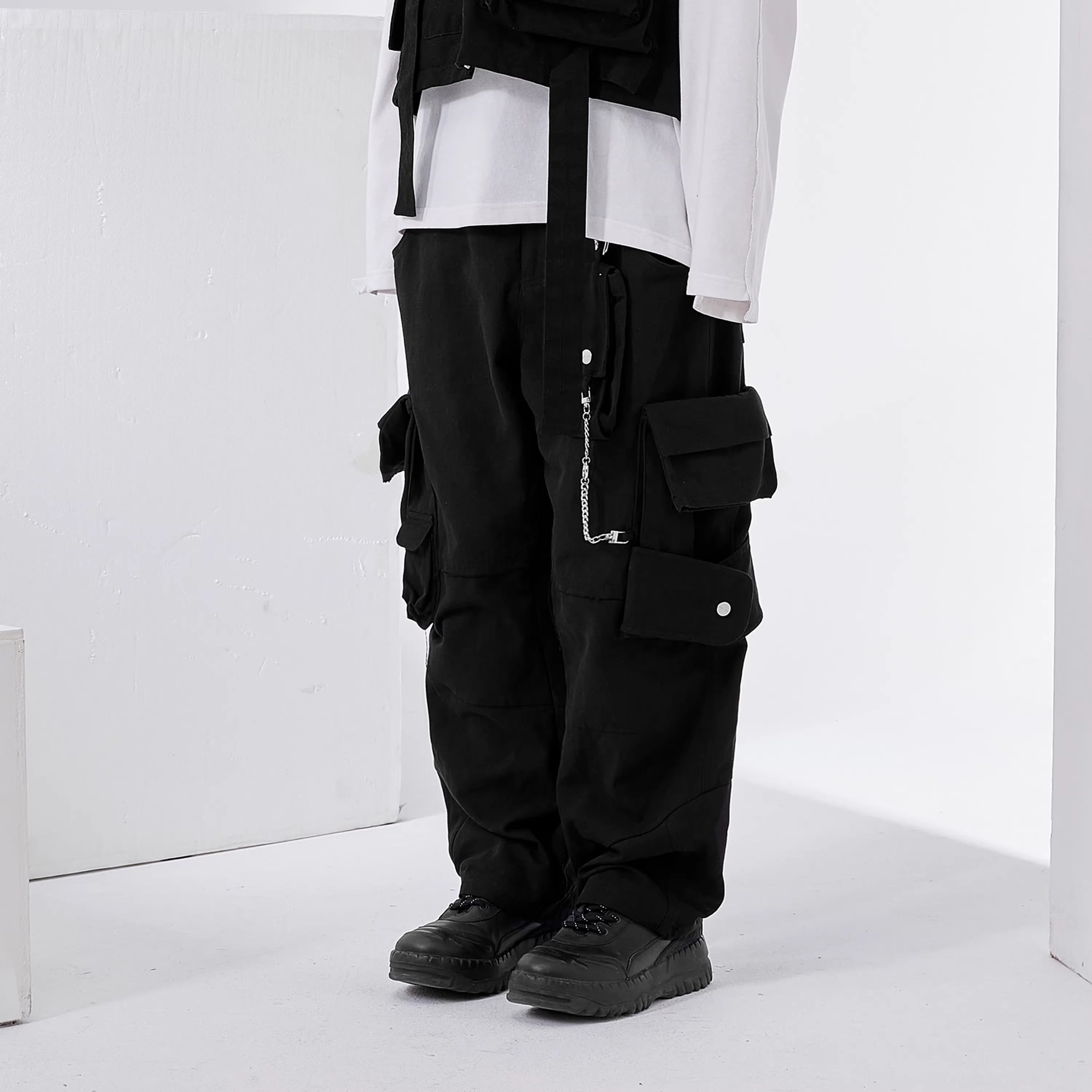 LOSTCTRL Unisex Distressed Cargo Pants with Multiple Pockets and Raw Hem