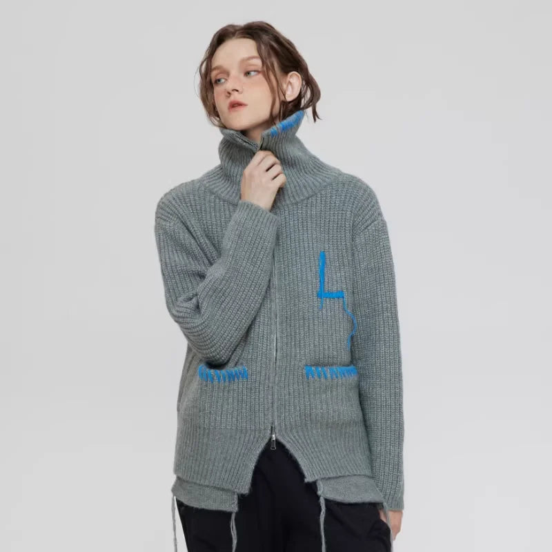 LOSTCTRL Unisex Embroidered Double Zipper Knit Cardigan with Drawstring