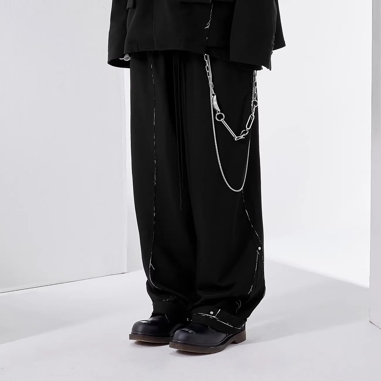 LOSTCTRL Unisex Distressed Raw Hem Studded Suit Pants