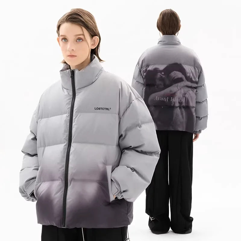 LOSTCTRL Winter Gradient Down Jacket with Artistic Back Print