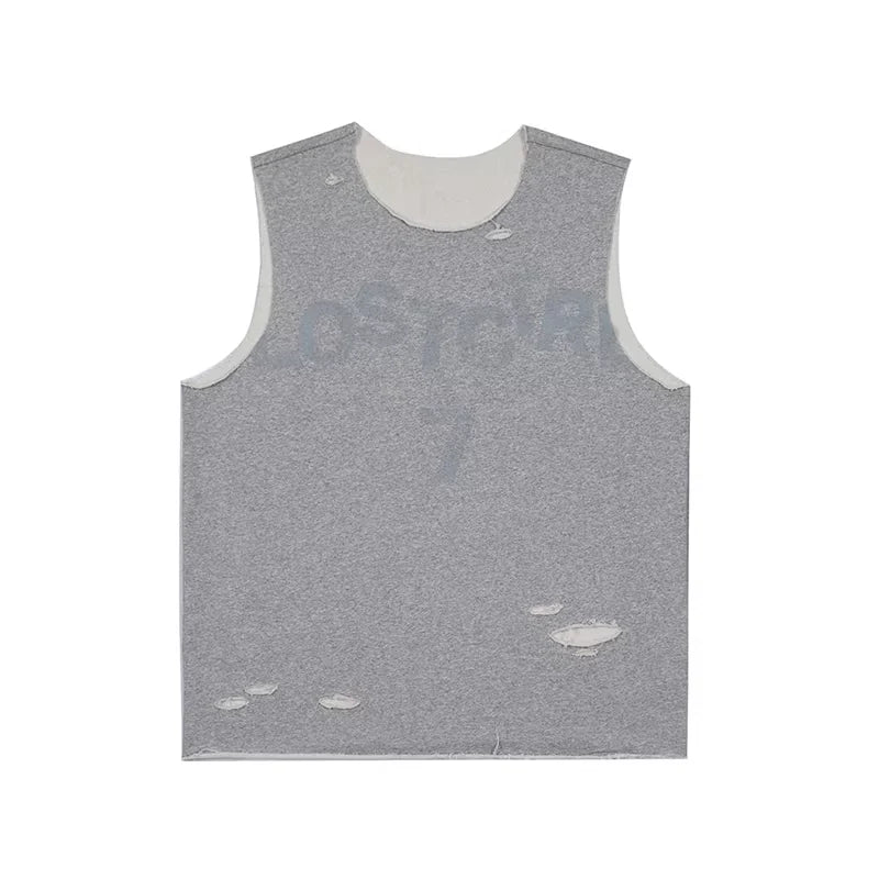 LOSTCTRL Men's Distressed Raw Edge Sleeveless Tank Top