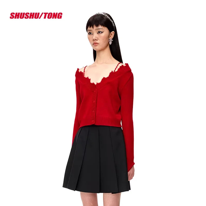 shushutong Elegant Beaded V-Neck Knit Cardigan with Long Sleeves