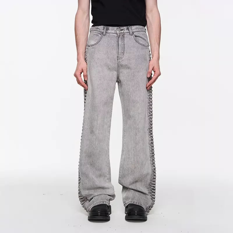 BLINDNOPLAN Men's Side-Pleated Distressed Wide-Leg Denim Jeans