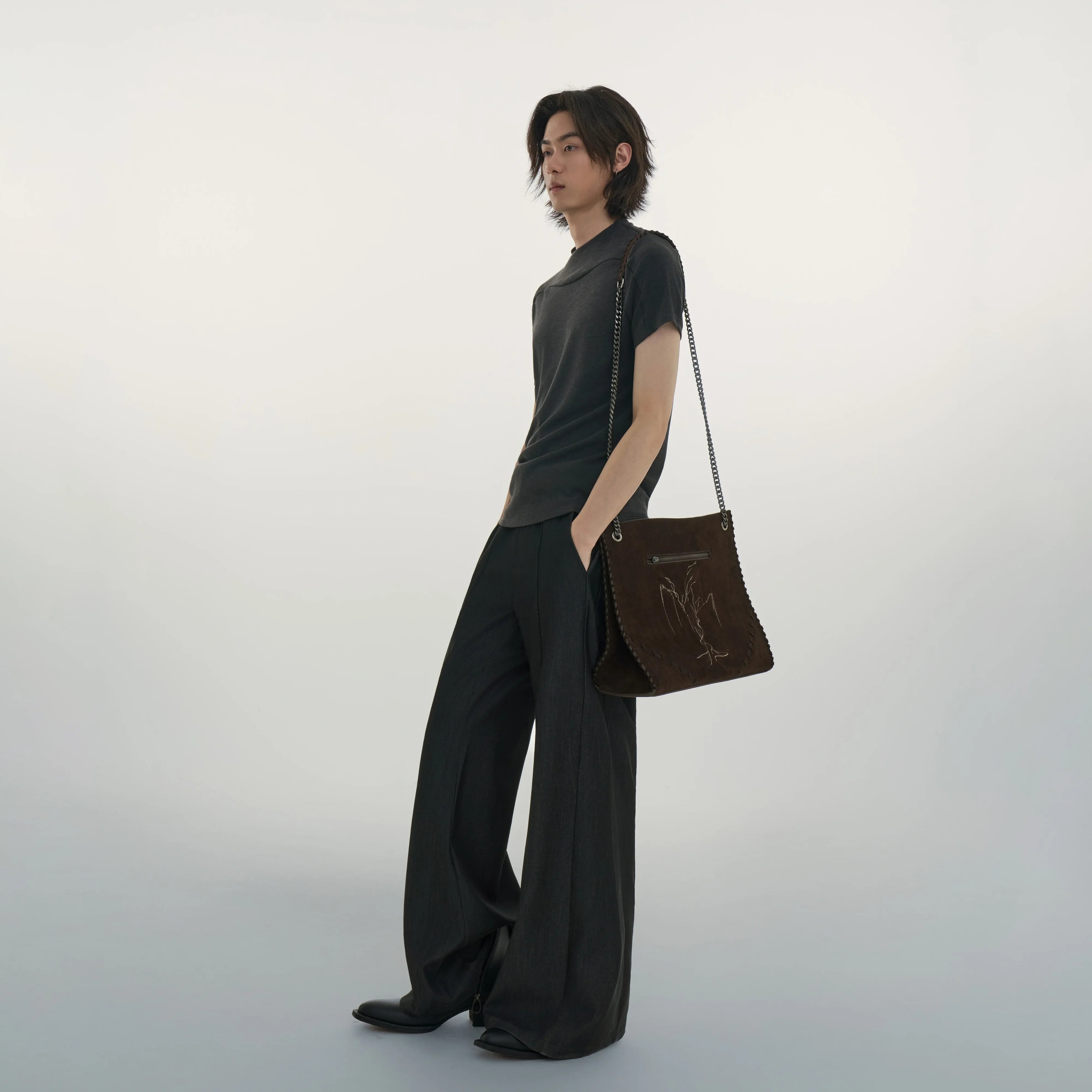 Y OFFICIAL Patchwork Wool-Blend T-Shirt with Deconstructed Collar