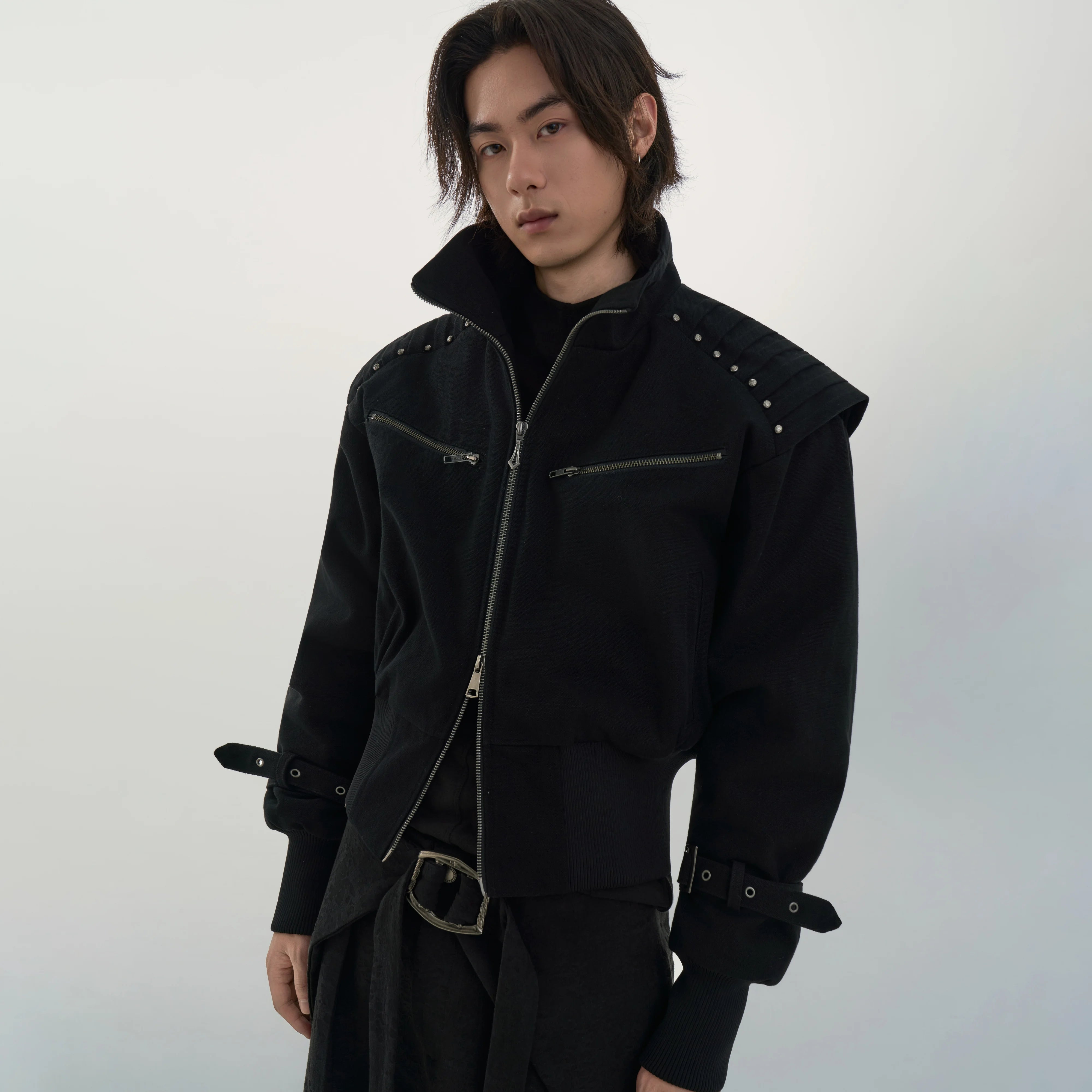 Y OFFICIAL Deconstructed Black Cotton Bomber Jacket with Adjustable Straps