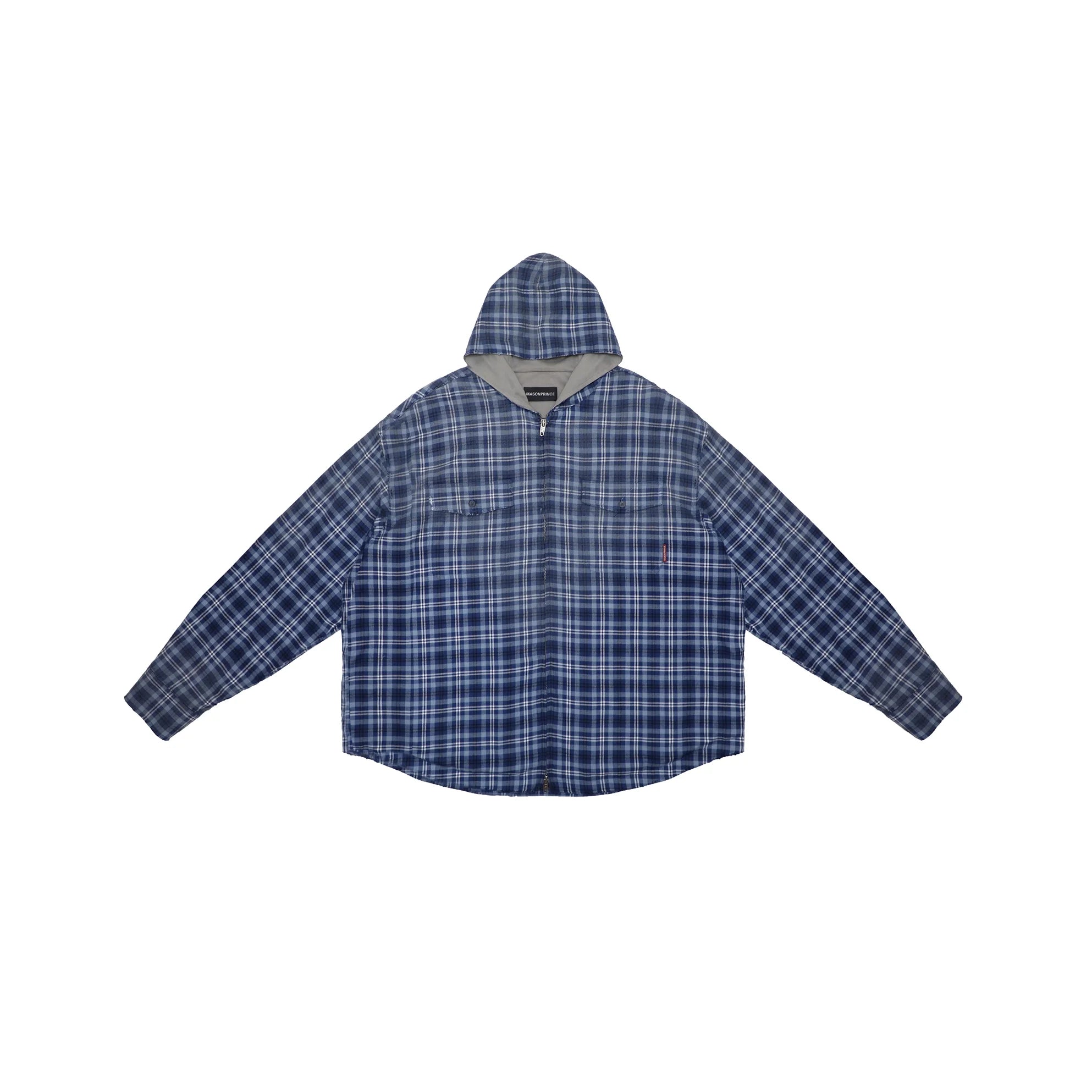 MASONPRINCE Navy Plaid Zip-Up Hooded Shirt Jacket