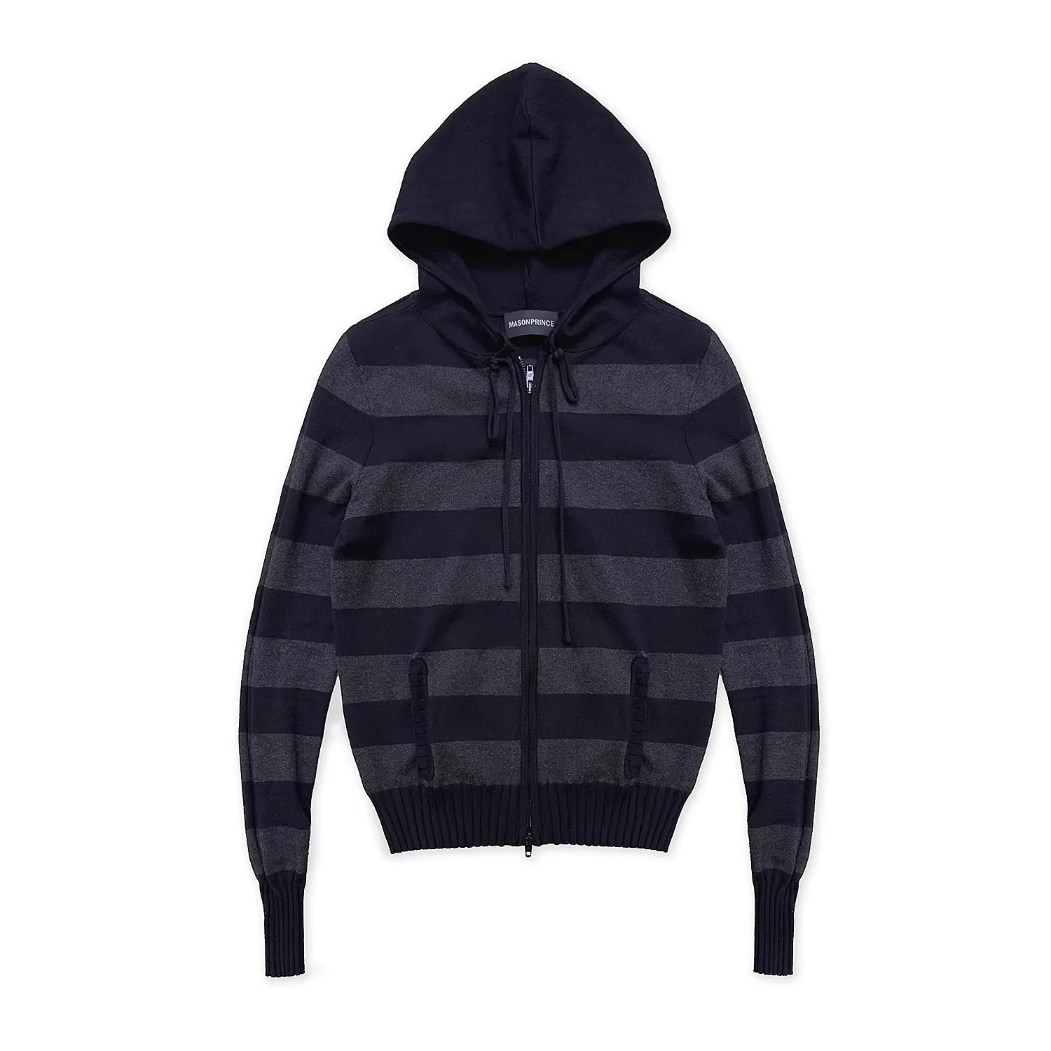 MASONPRINCE Men's Hooded Knit Sweater with Black and Gray Stripes
