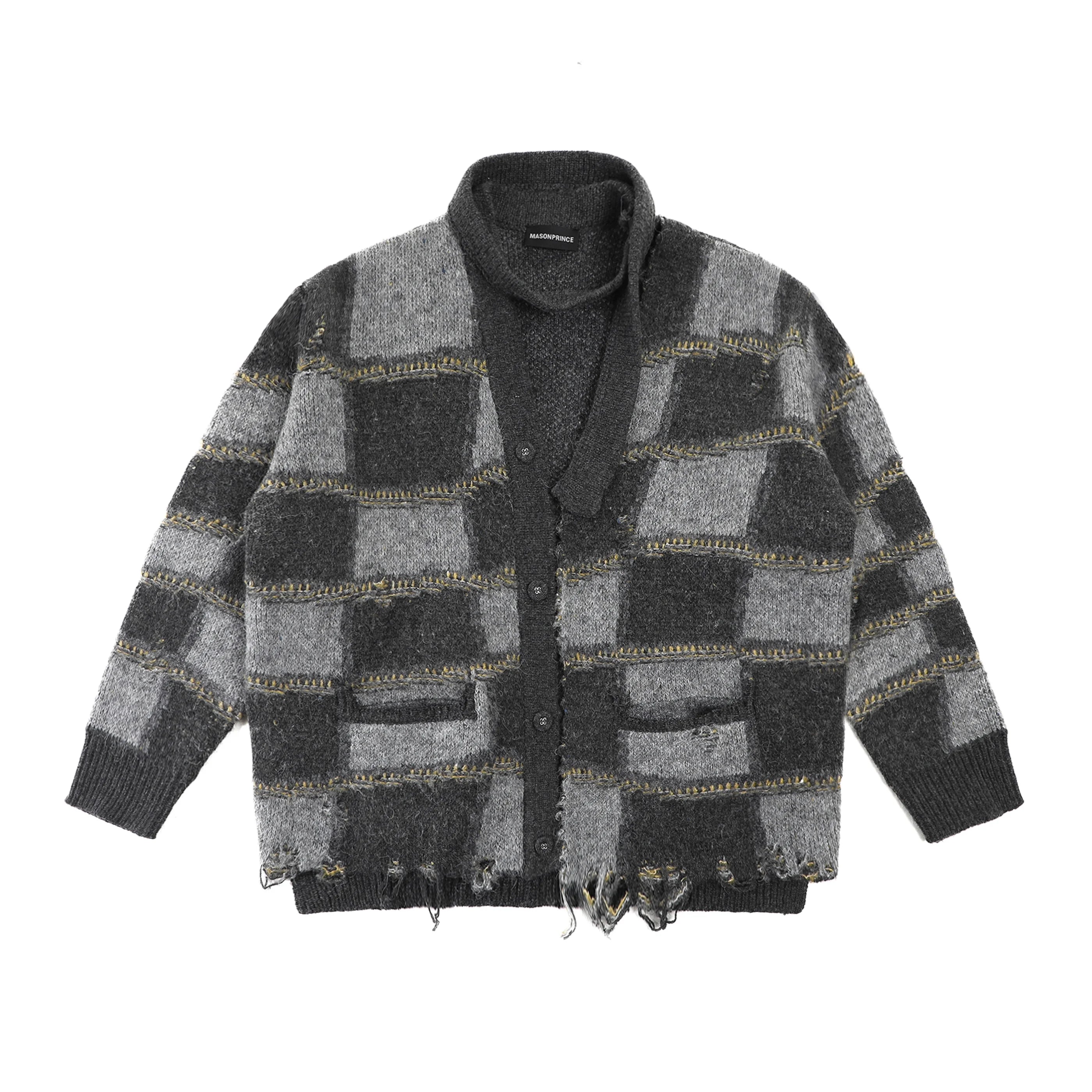 MASONPRINCE Men's Chunky Knit Vintage Check Cardigan