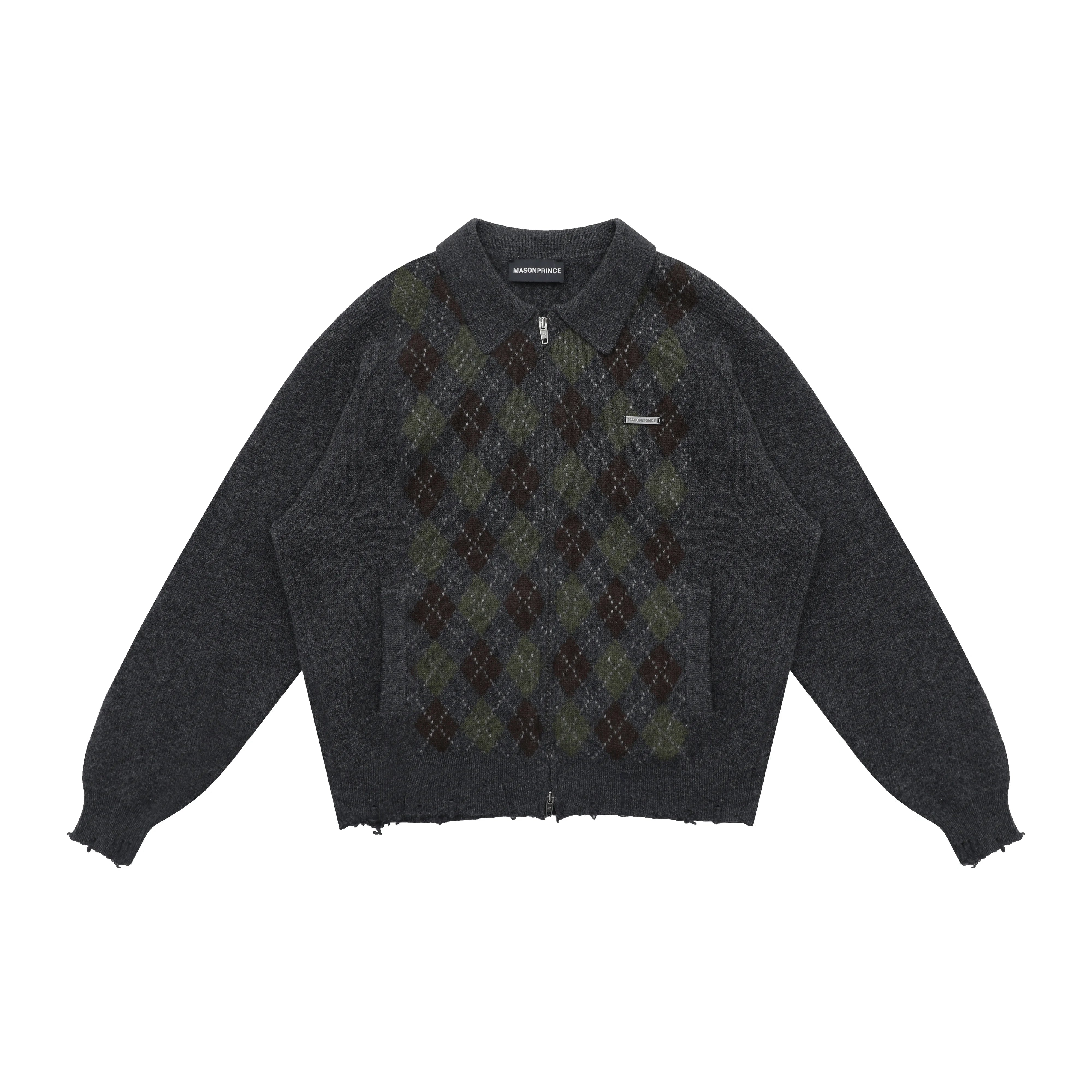 MASONPRINCE Argyle Knit Zip-Up Cardigan