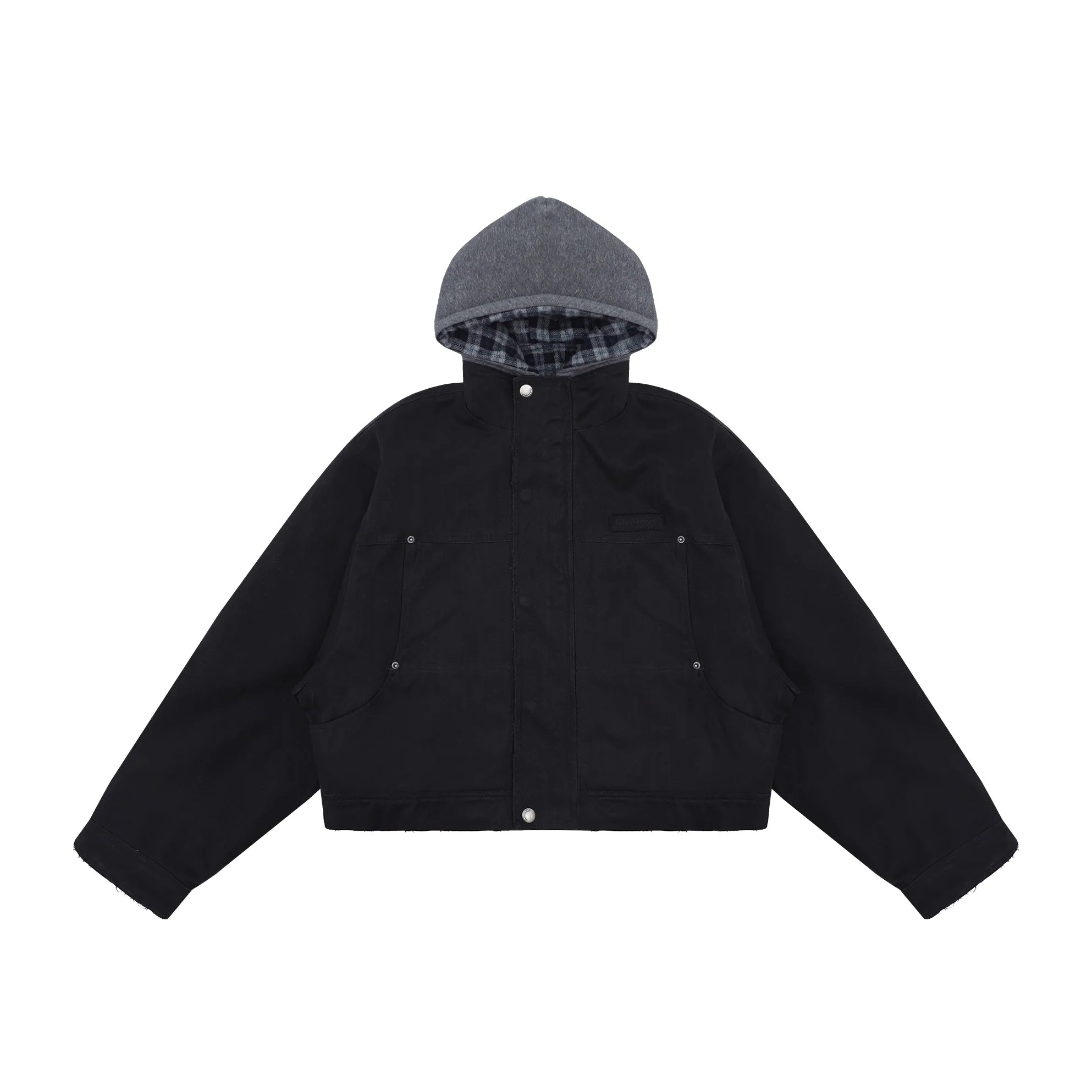 MASONPRINCE Plaid-Lined Hooded Cropped Denim Jacket