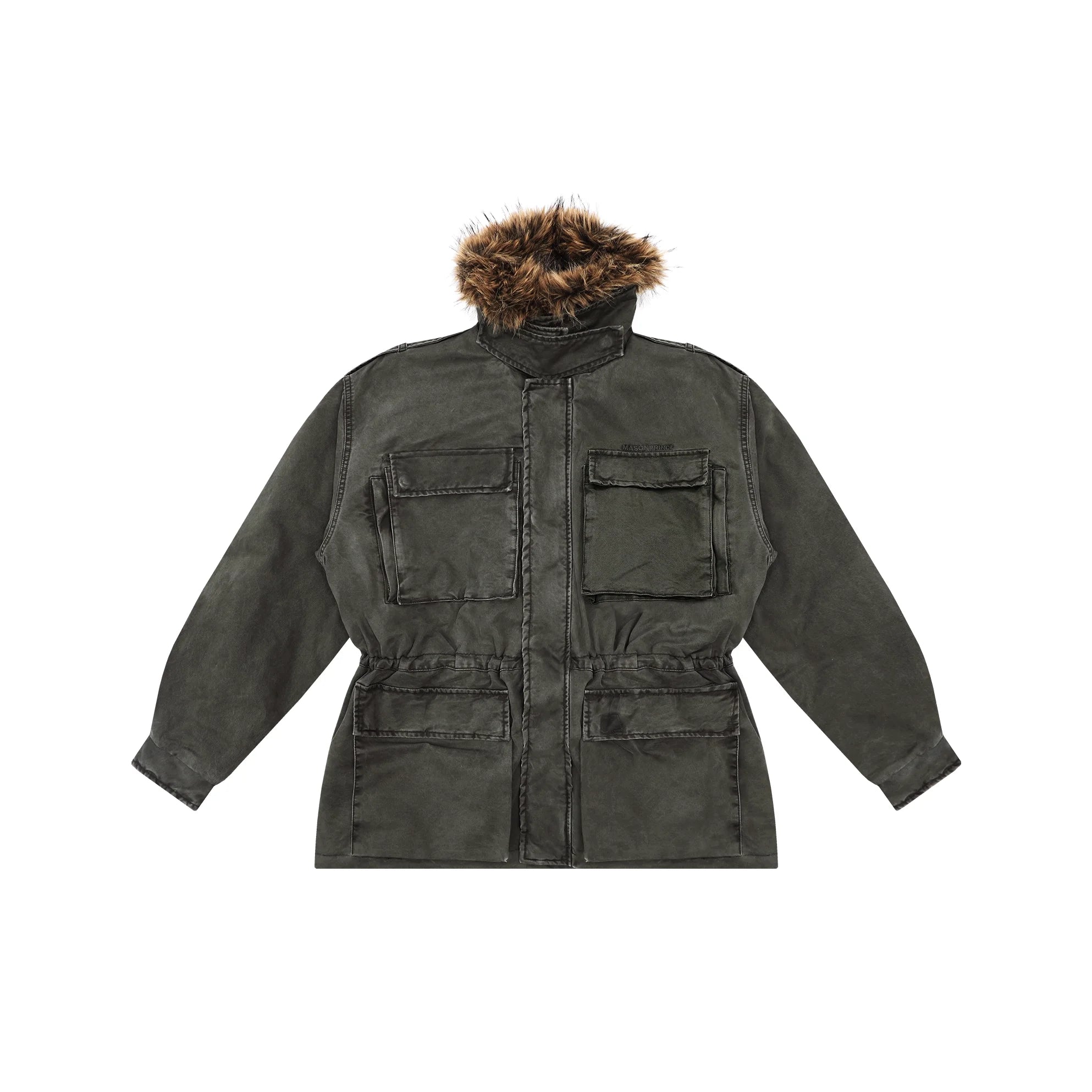 MASONPRINCE Men's Military-Style Olive Parka with Faux Fur Collar and Multiple Pockets