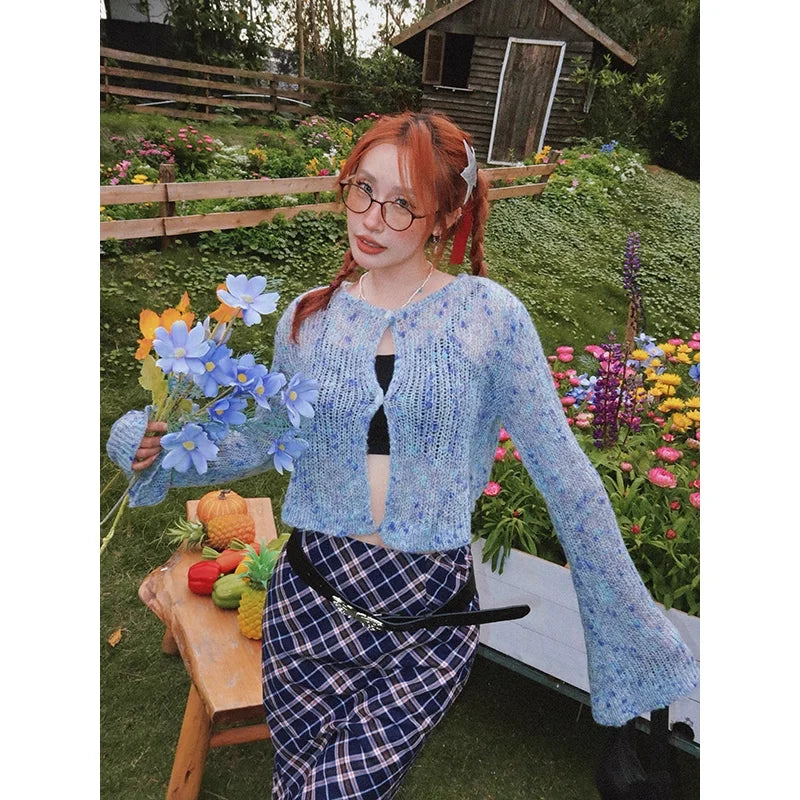 BeerBro Women's Colorful Hollow Knit Cardigan with Bell Sleeves