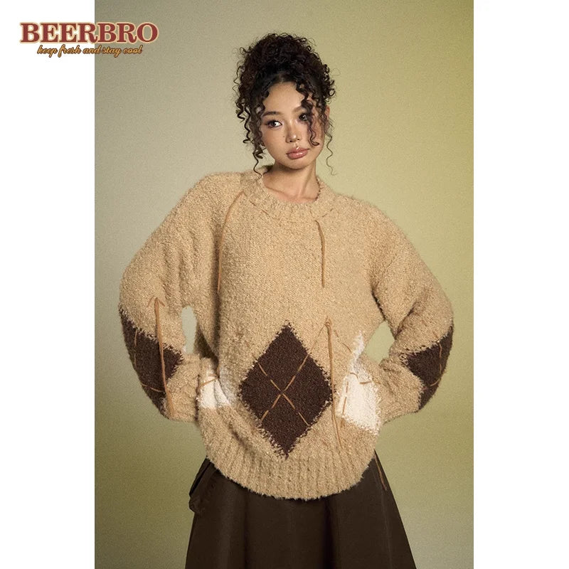 BeerBro Loose Argyle Knit Sweater Cardigan for Women - Autumn Winter 2023