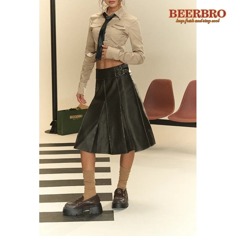 BeerBro Faux Leather Pleated Mini Skirt with Button Detailing