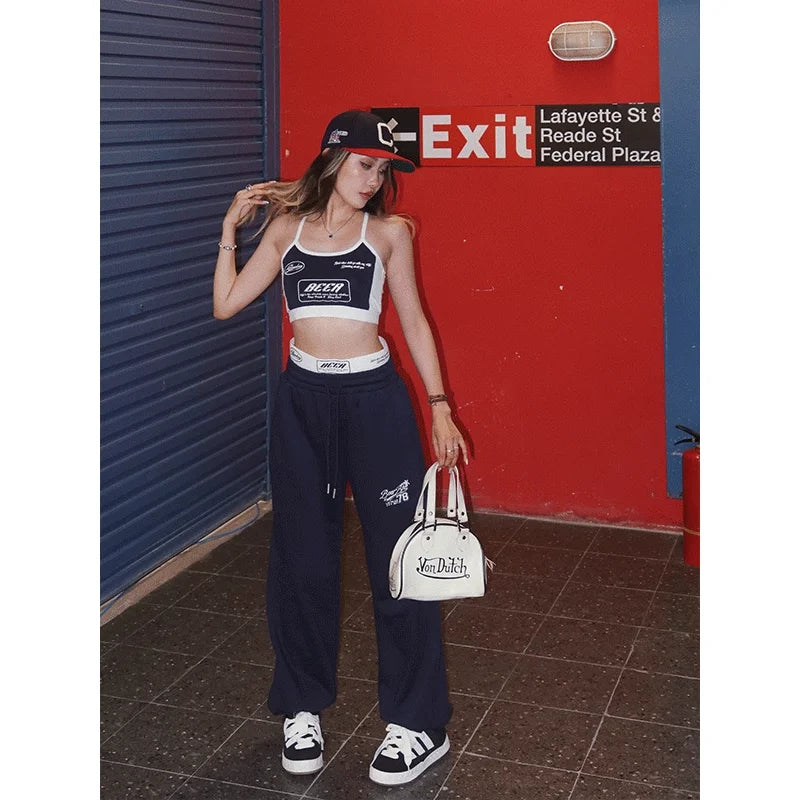 BeerBro Embroidered Sports Crop Top and Casual Jogger Pants Set