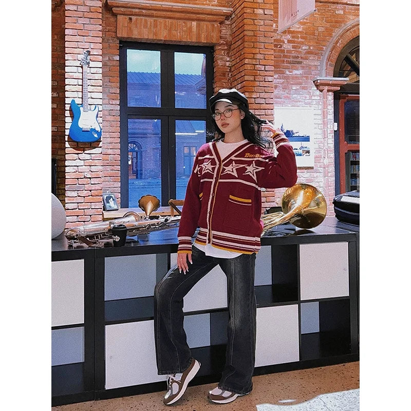 BeerBro Women's Retro V-Neck Star Knit Cardigan - Autumn Winter Loose Fit