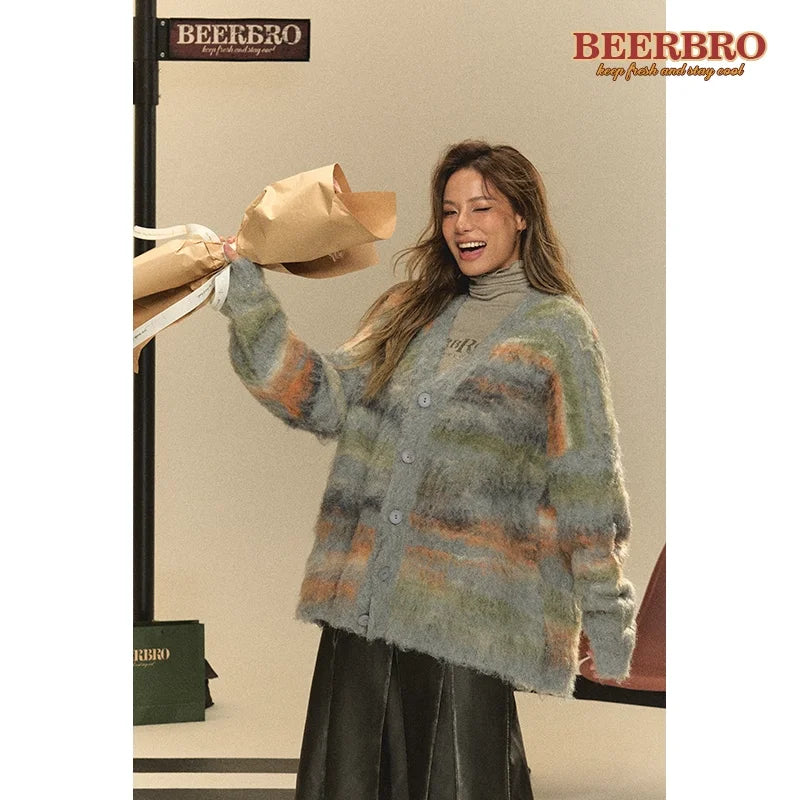 BeerBro Women's Loose Knit Cardigan with Irregular Striped Gradient
