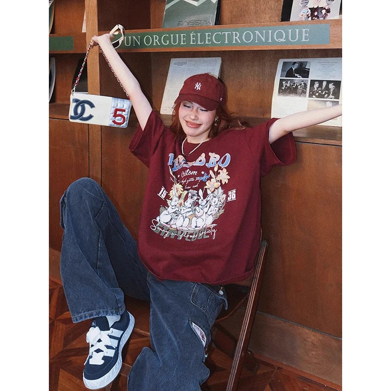 BeerBro Women's Vintage Oversized Graphic T-Shirt with Rabbit Print