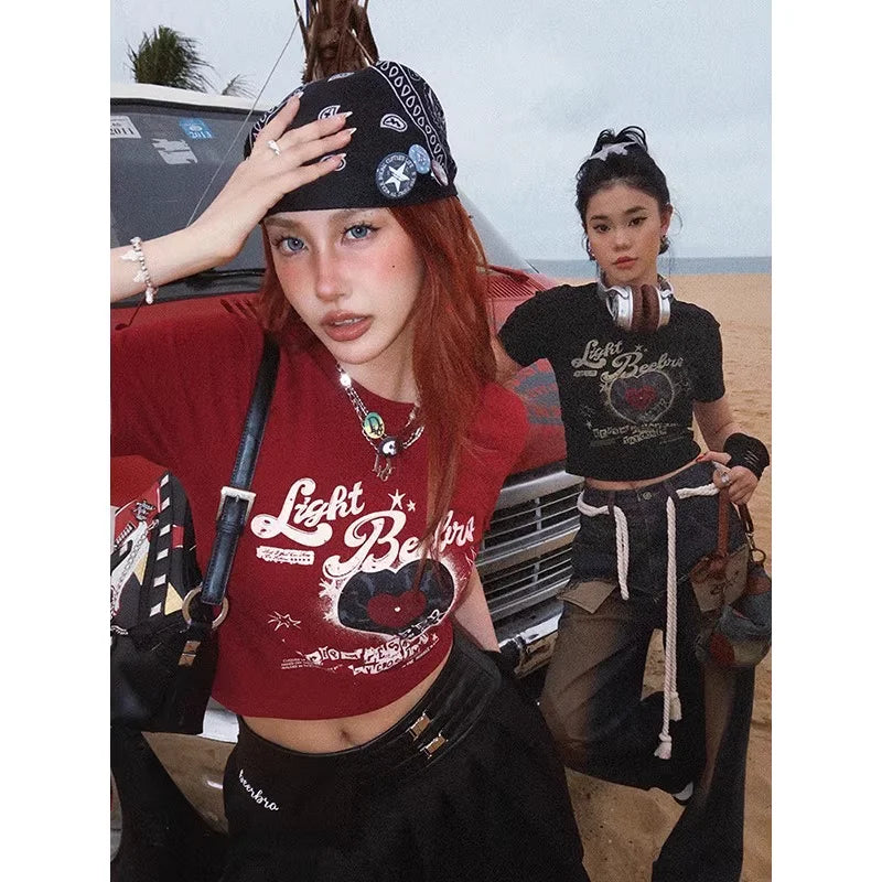 BeerBro Women's Y2K Retro Crop Top - Short Sleeve Fitted T-Shirt