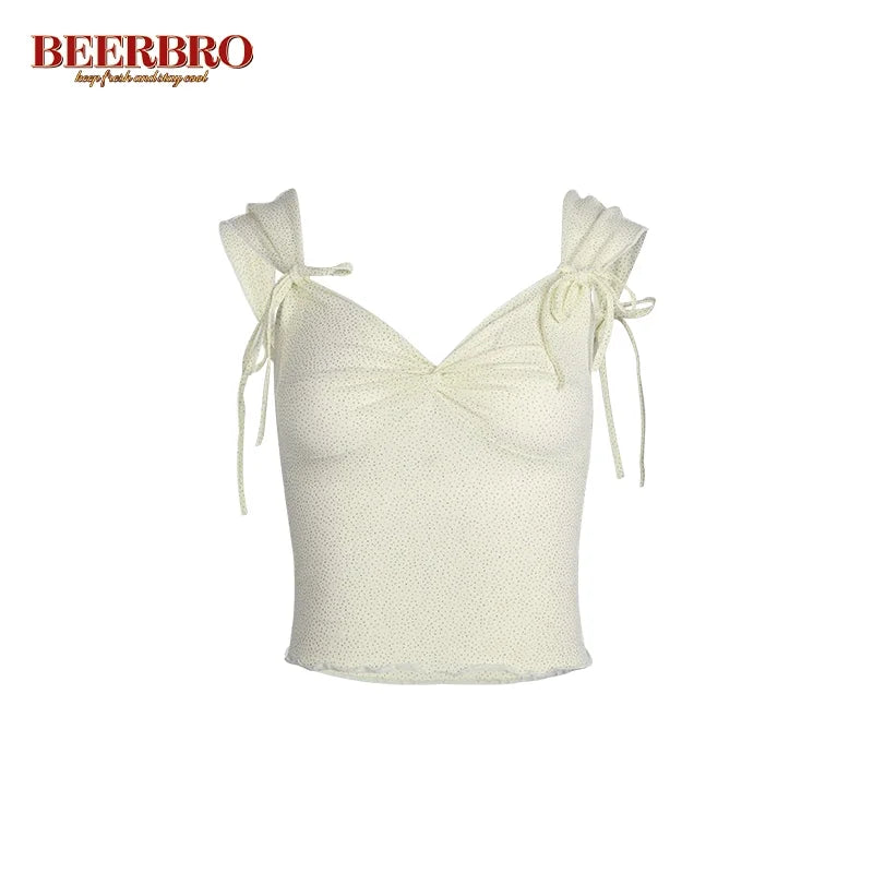 BeerBro Women's Sleeveless V-Neck Ruched Crop Top with Bow Ties