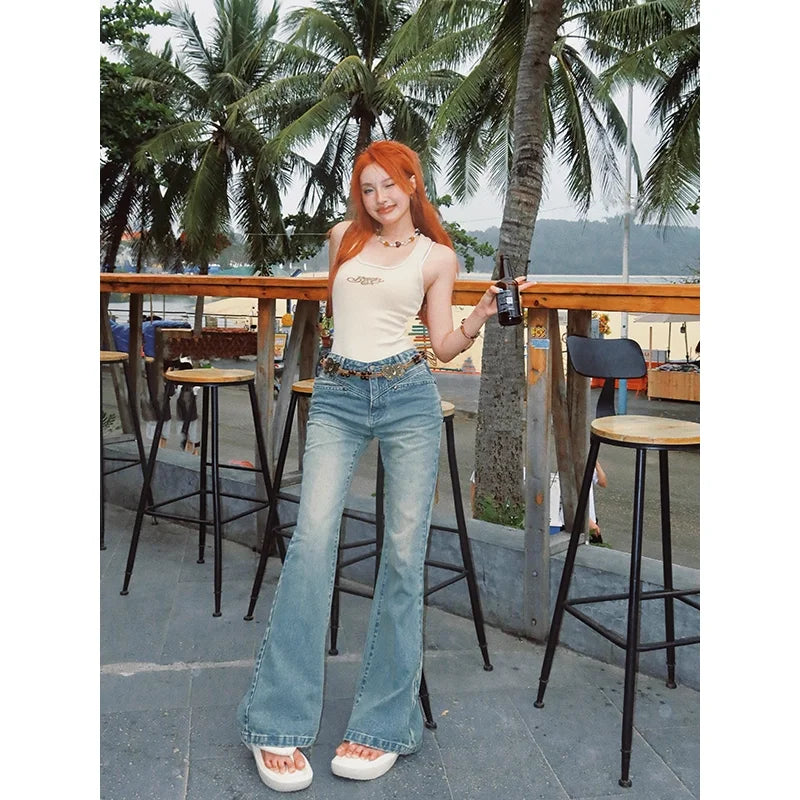 BeerBro Women's Low-Rise Flared Distressed Denim Pants