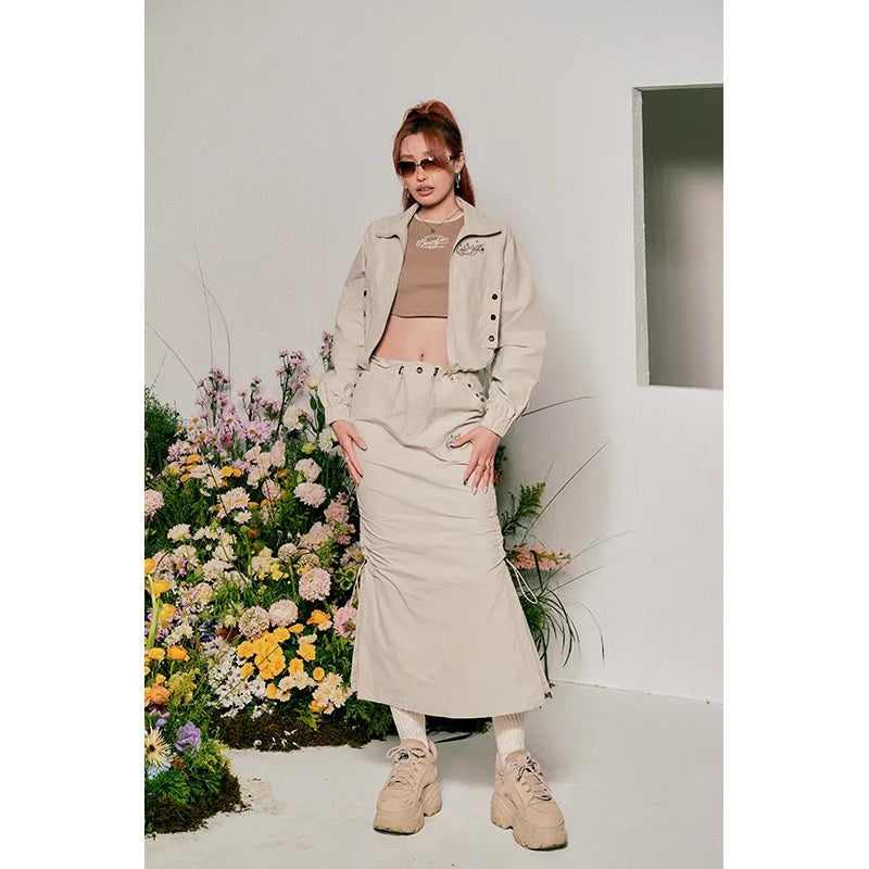 BeerBro Cropped Jacket and Drawstring Ruched Midi Skirt Set