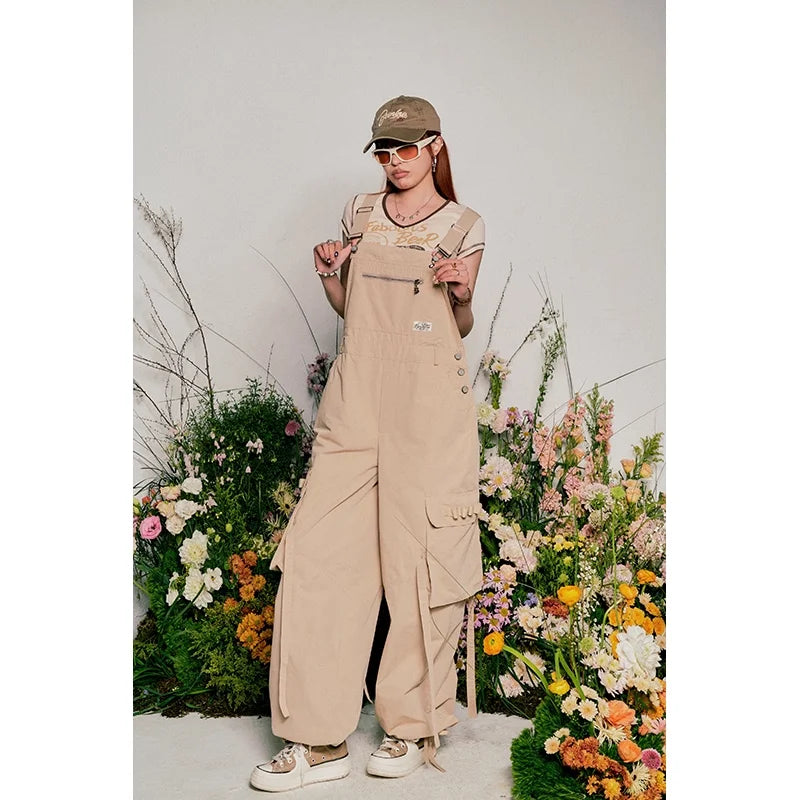 BeerBro Women's Loose Fit Cargo Overalls with Drawstring Cuffs