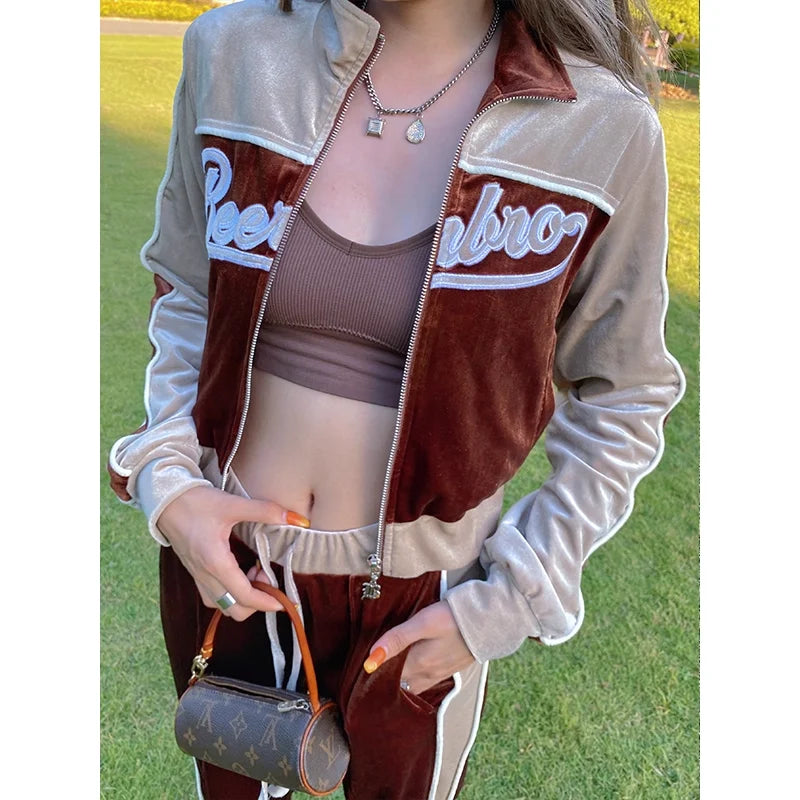 BeerBro Women's Velvet Tracksuit Set - High Waist Pants and Retro Track Jacket