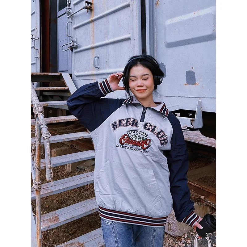 BeerBro Women's Color Block Half-Zip Sweatshirt - Autumn Winter Loose Fit