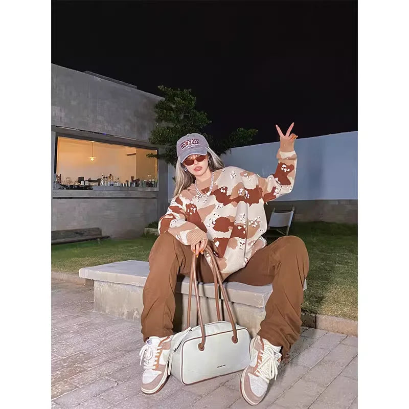 BeerBro Women's Camouflage Knit Cardigan Sweater with V-Neck