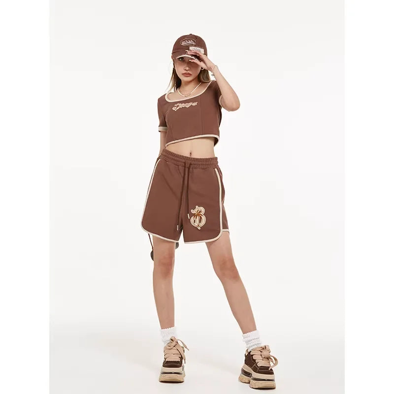 BeerBro Women's Retro Crop Top and Shorts Set with Trim Detailing