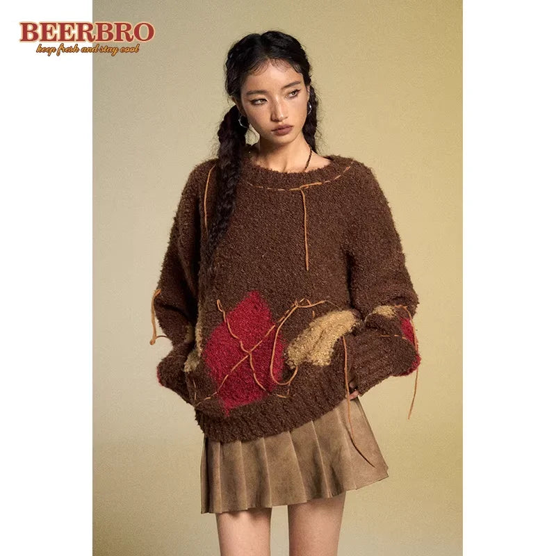 BeerBro Women's Oversized Argyle Sweater - Retro Patchwork Knitwear for Fall Winter