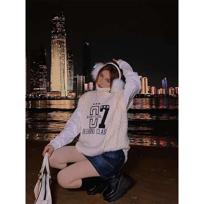 BeerBro Women's High Neck Knitted Vest - Sleeveless, Loose Fit, Autumn Winter Style