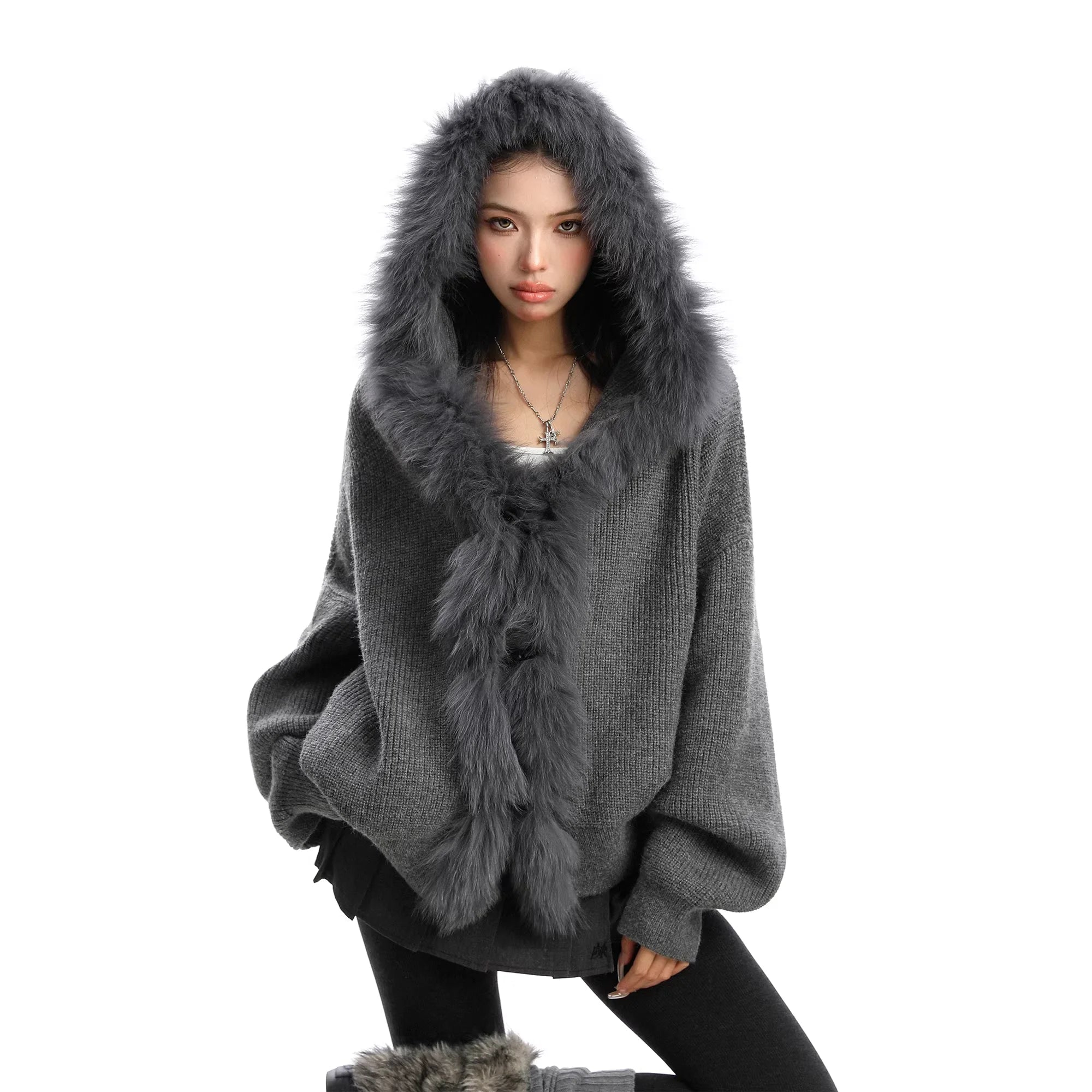 BIGGOLD STUDIO Women's Oversized Knit Cardigan with Faux Fur Hood