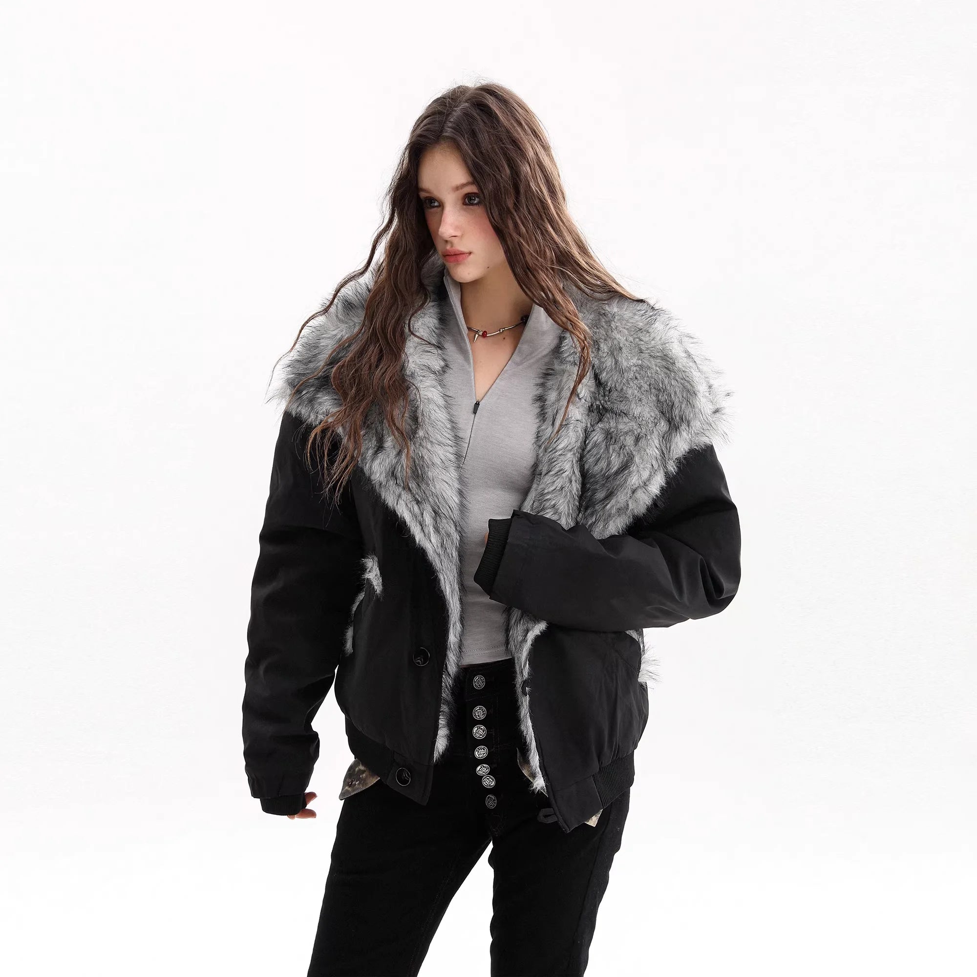 BIGGOLD STUDIO Women's Oversized Down Jacket with Faux Fur Collar
