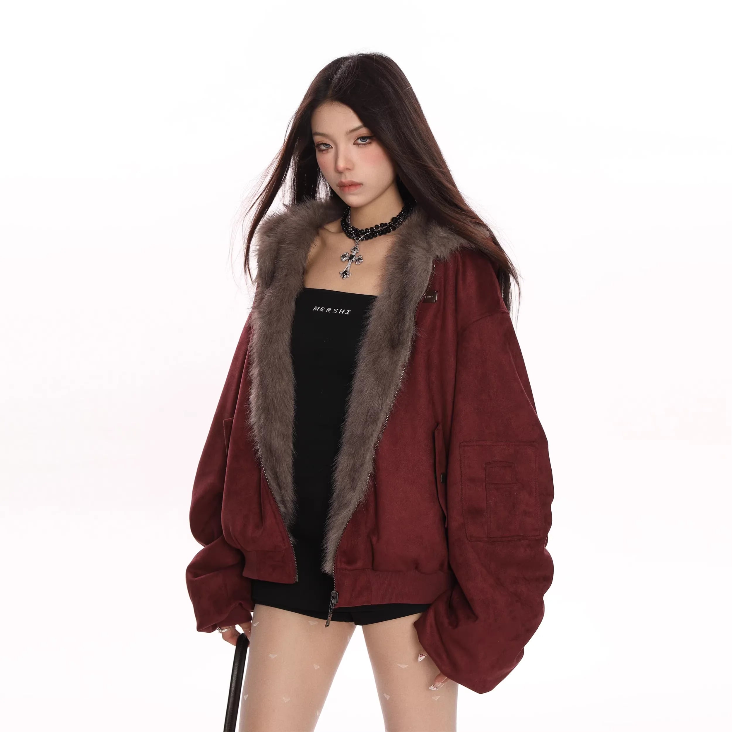 BIGGOLD STUDIO Wine Red Reversible Faux Fur Lined Winter Coat for Women