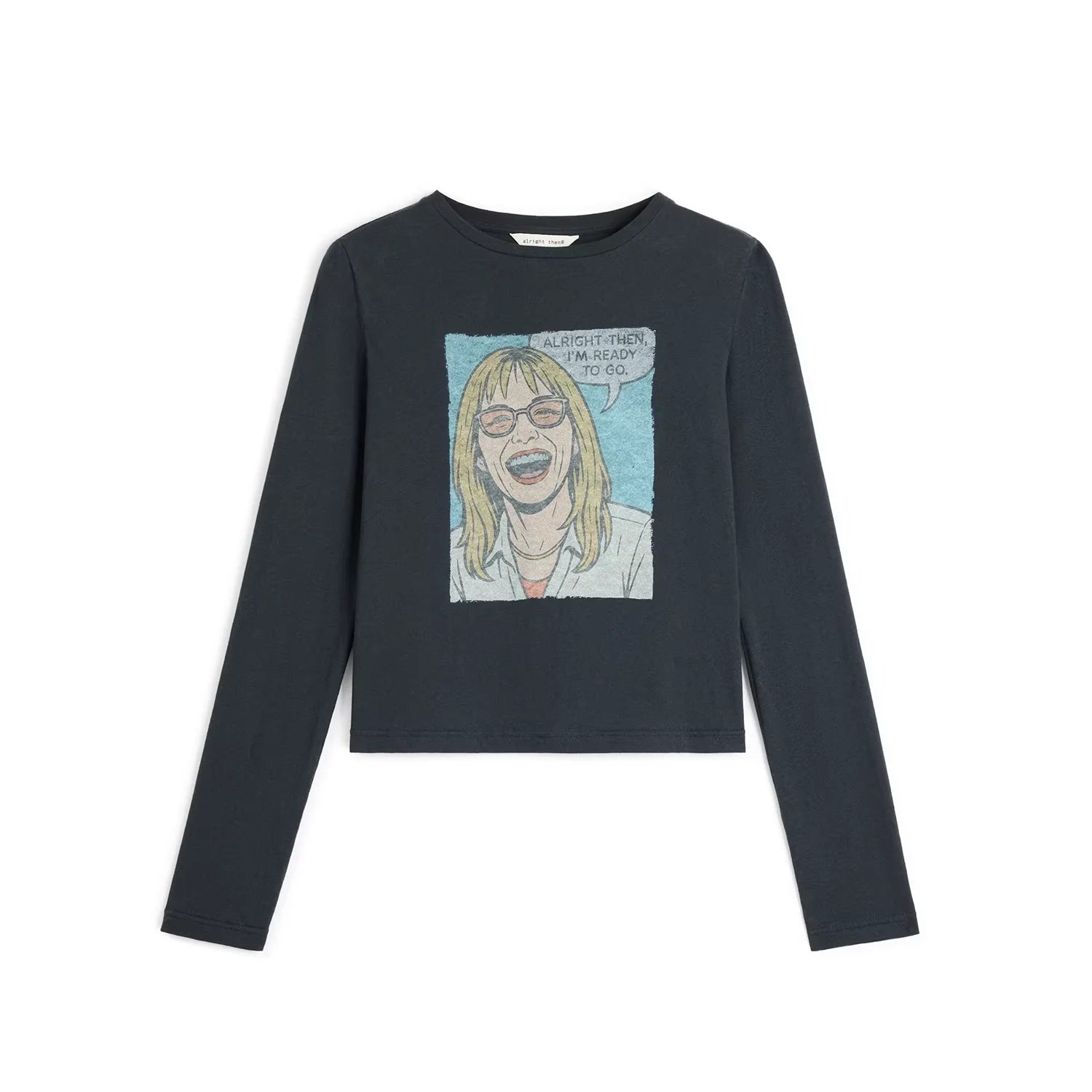 alright then Two-Tone Graphic Print Slim Fit Long Sleeve Crop Top