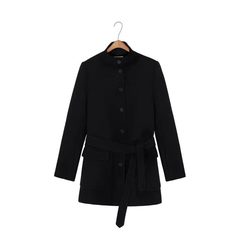 alright then Black Stand Collar Slim Fit Woolen Coat