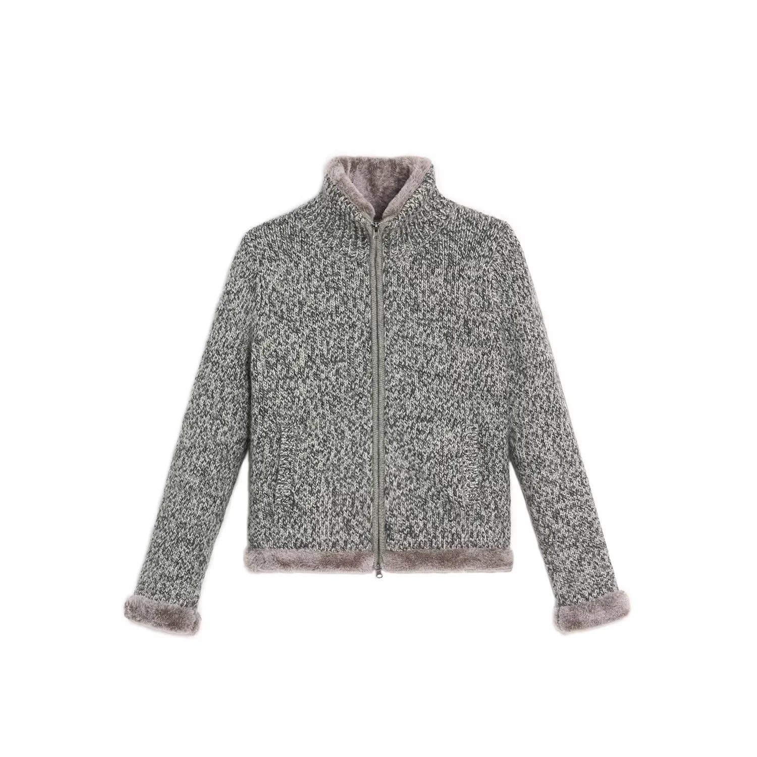 alright then Merino Wool Zip-Up Sweater Jacket with Faux Fur Trim